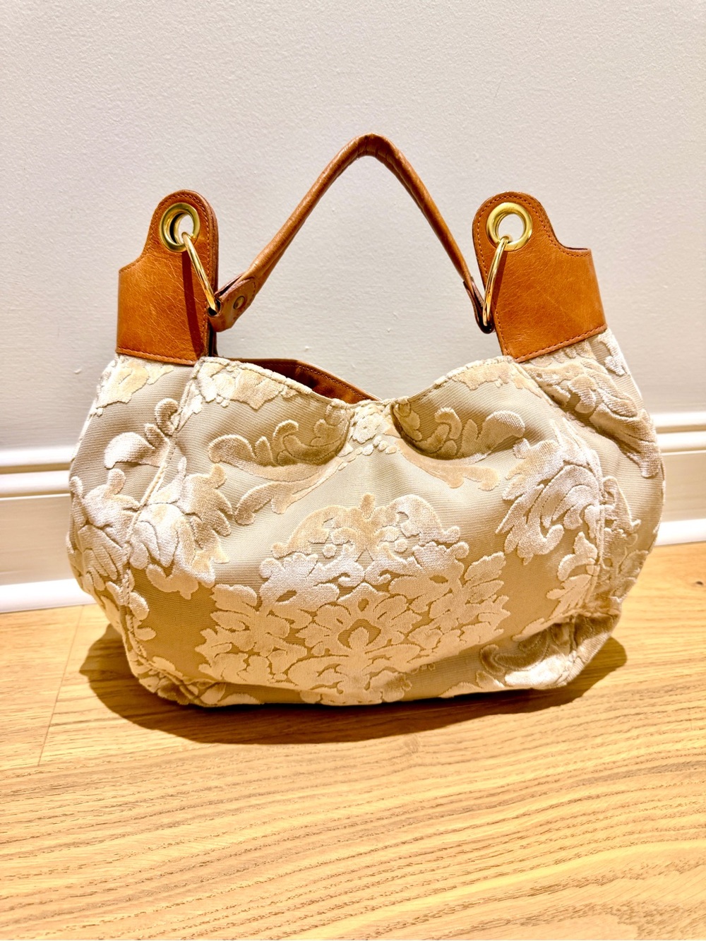 Glenda Gies Cream Brocade Hobo Bag with Tan Leather Trim